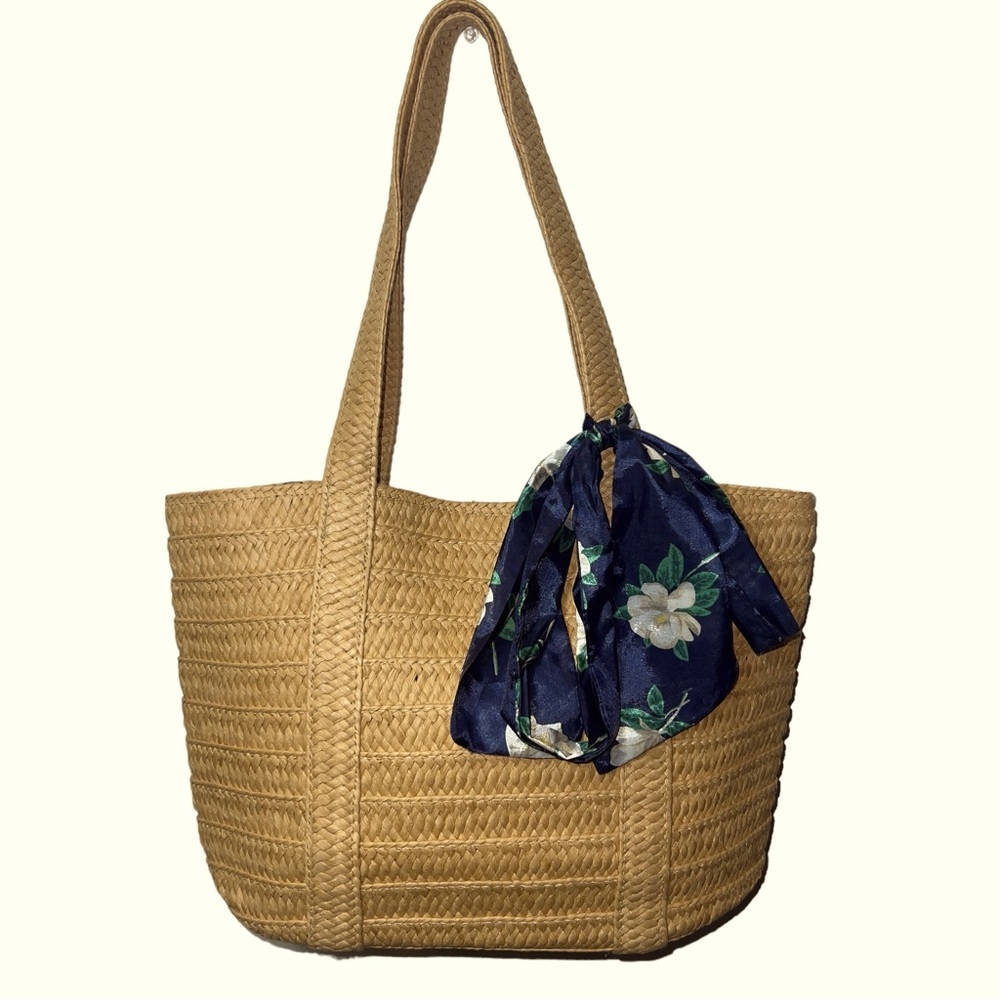 Draper James Straw Hook & Loop Summer Feminine Prairie Floral Scarf Tote Bag